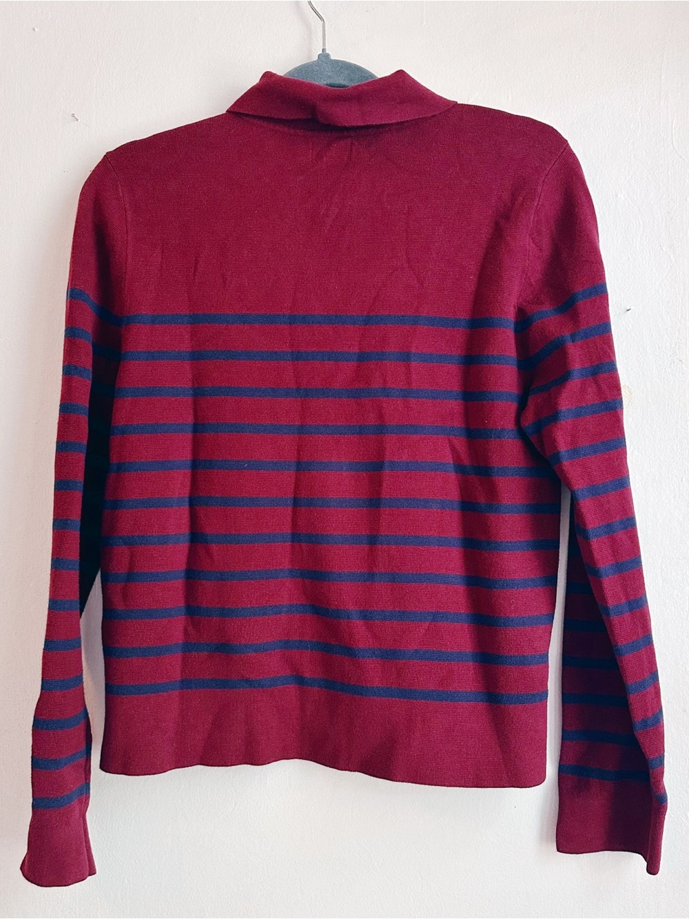 J Crew Striped collared sweater-jacket vintage burgundy navy 100% cotton medium - Picture 9 of 9